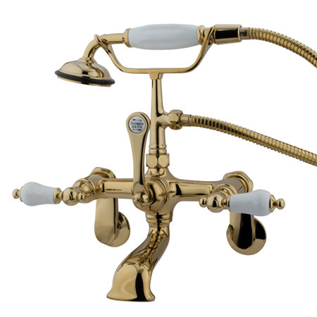 Hot Springs Triple Handle Wall Mounted Clawfoot Tub Faucet with Handshower, Polished Brass