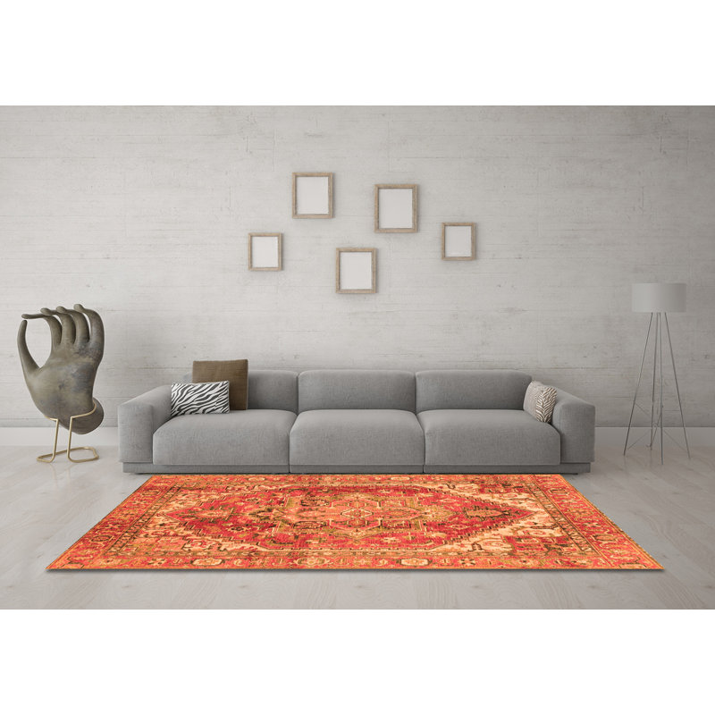 Tapis oriental orange / rouge en chenille / polyester tissé à la machine, Carré 7 pi