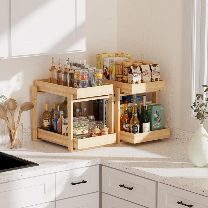2-Pack Bamboo 2-Tier Under Sink Pull-Out Organizer With Sliding Drawers For Kitchen And Bathroom Cabinets, Easy Installation