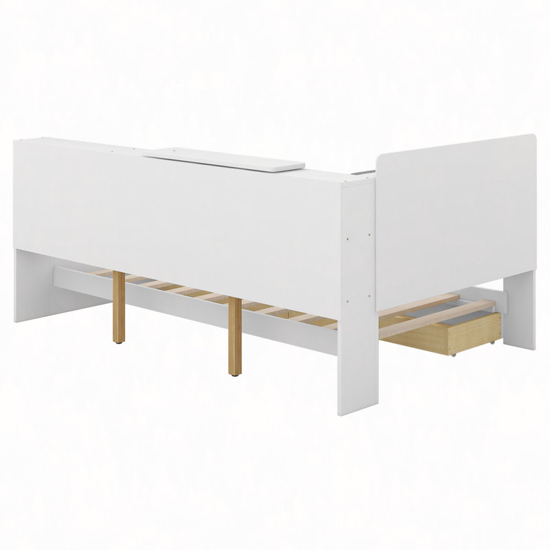 Wood Platform Bed With Storage Headboard, Shelves And 2 Drawers