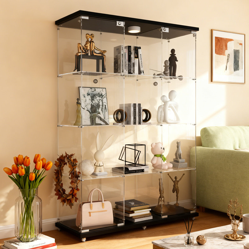 Annoeska 4-Shelf Curio Cabinet with LED Light,  3 Columns Tempered Glass Display Cabinet, Black