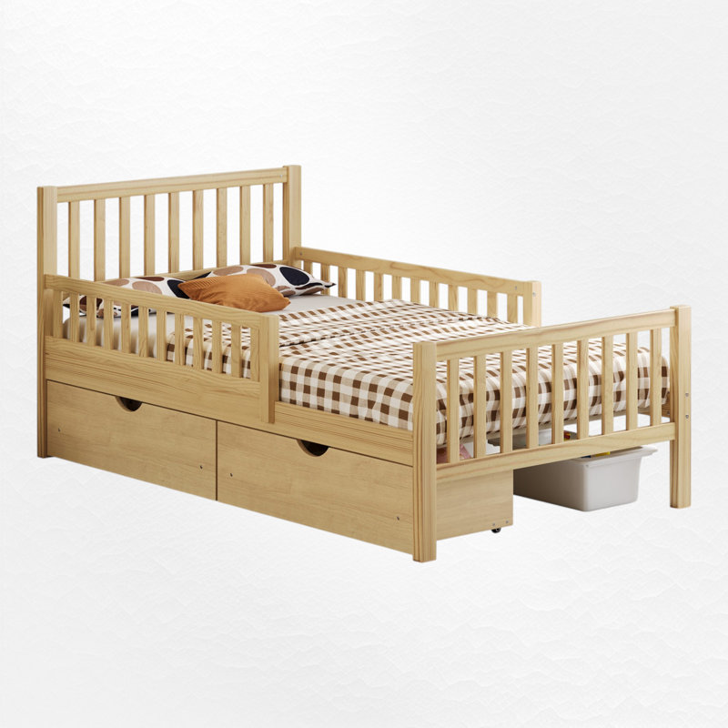 Lit plateforme en bois avec garde-corps des deux côtés et deux tiroirs de rangement, Lit simple, Naturel