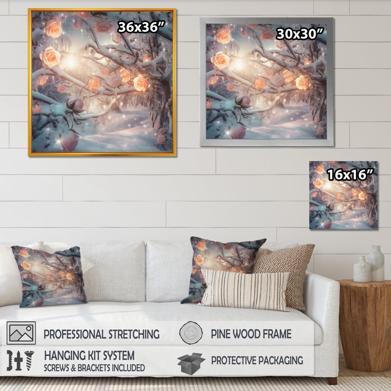 «Peach Enchanted Roses I», reproduction sur toile, H 36 po x l 36 po x P 1,5 po, Cadre flottant doré