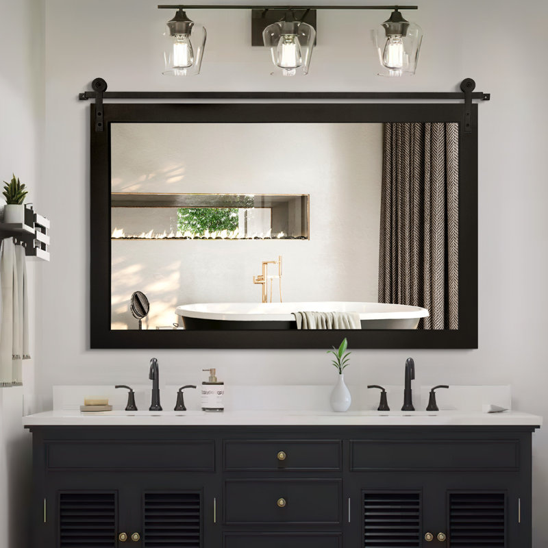 Miroir d'appoint mural rectangulaire en bois massif Farmhouse, Noir, 26 po x 40 po