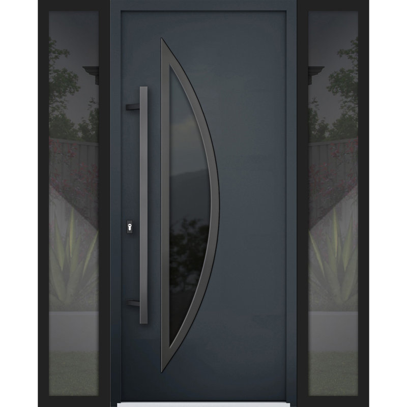 Porte avant en acier pré-suspendue à l'avant / deux 6501 anthracite / 2 fenêtres extérieures latérales / inserts en acier inoxydable simples peints modernes - l 14 + 36 + 14 po x H 80 po - Ouverture à droite