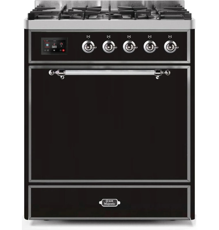 ILVE Majestic II 30 inch Dual Fuel Range, 5 Brass Burners, 4 cu. ft. Oven Capacity (Solid Door), Glossy Black/Chrome
