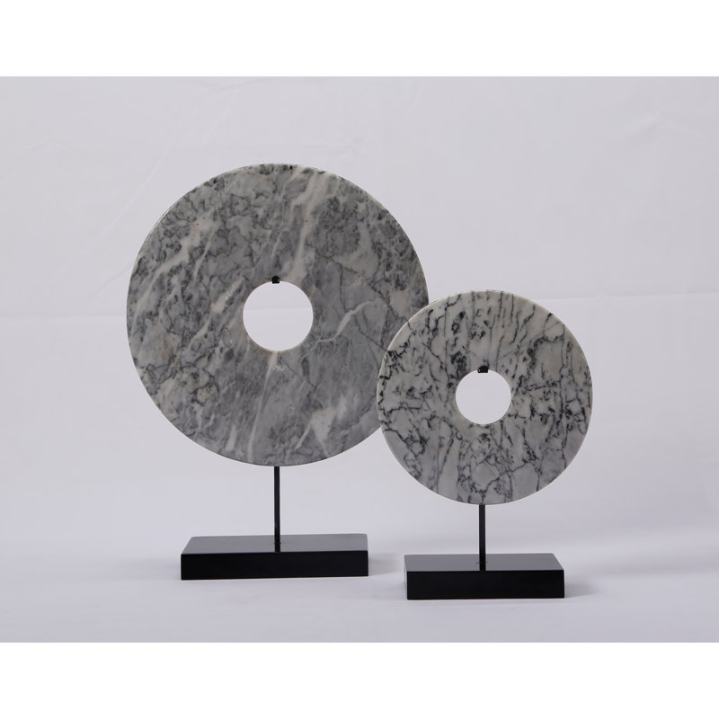 Jade Disk Sculpture with Base, Marble Black, 16" H x 2" W x 12" D