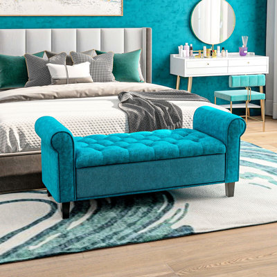 Banc de rangement 50 po avec velours bleu sarcelle et capitonnage à boutons - Banc, accoudoirs roulés rembourrés pour la chambre à coucher, le salon, le vestibule, l'espace