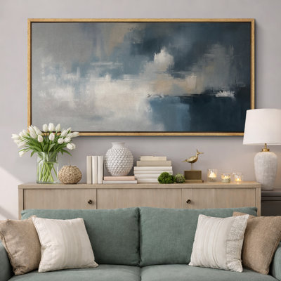 Blue and Grey Abstract Landscape Large Framed Canvas Print Wall Art for Modern Decor