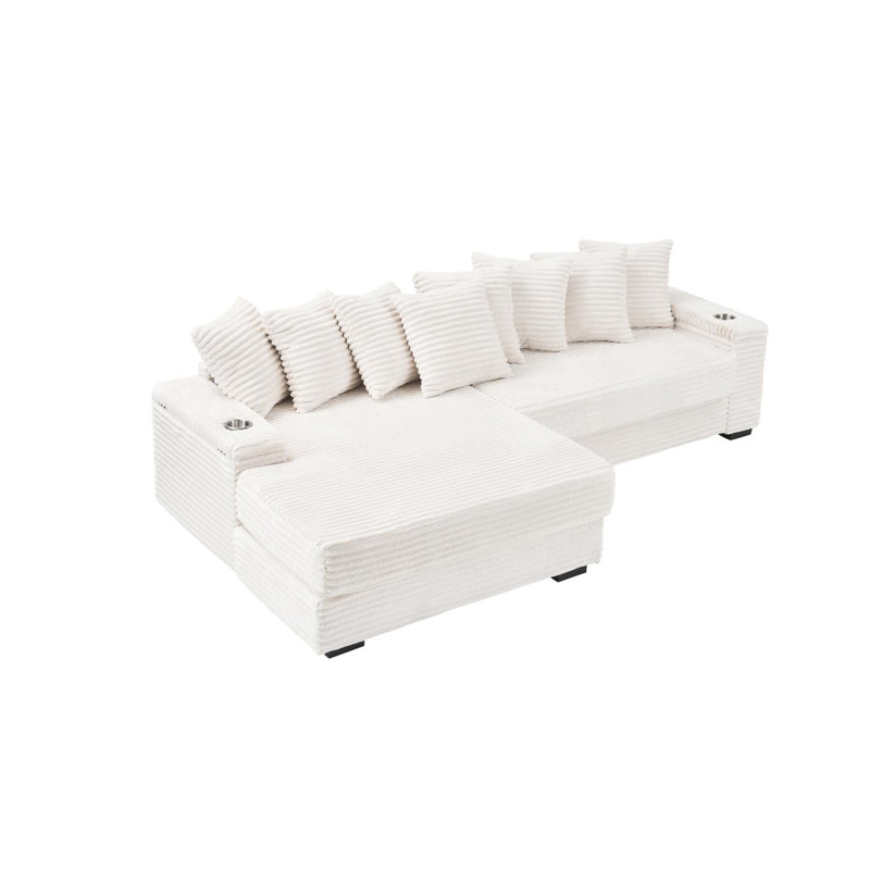 111.4" Sectional with Cupholder, Beige Corduroy