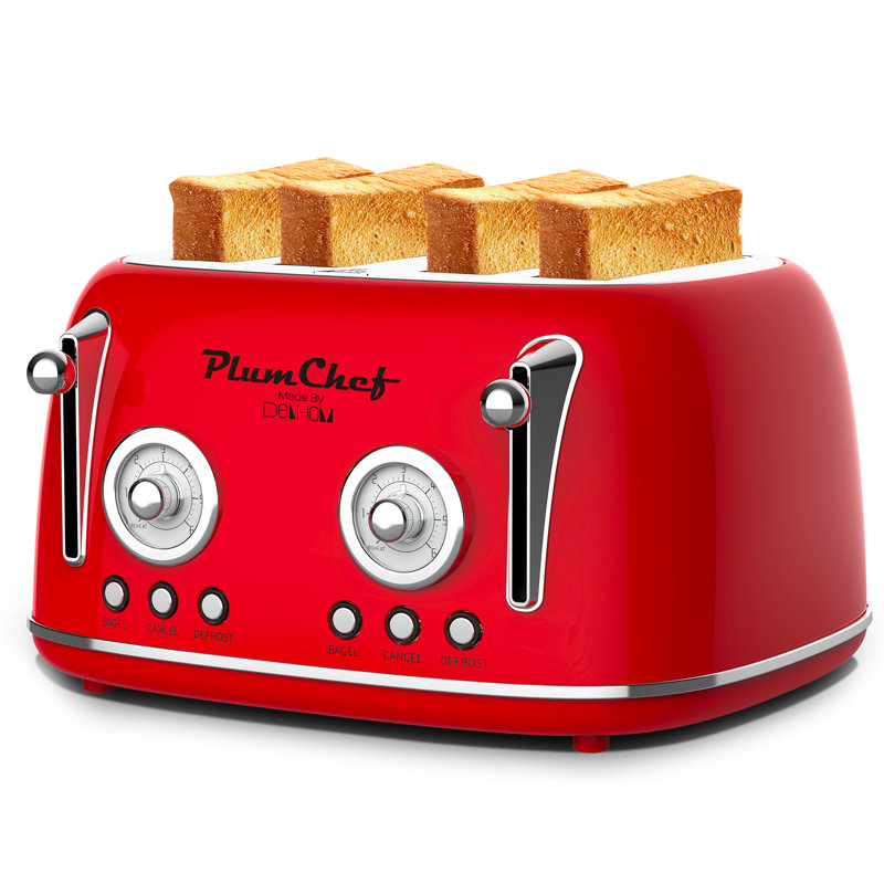 4 Slice Retro Toaster, Red Stainless Steel Extra-Wide Slot Toaster with 6 Browning Settings & Dual Controls, 1650W
