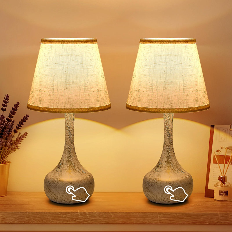 Touch-Control Bedside Lamp Set (2-Piece), Rustic-Style Three-Level Dimming Table Lamp with Fabric Shade, Suitable for Nightstands, Desks, Bedrooms, Living Rooms, Offices