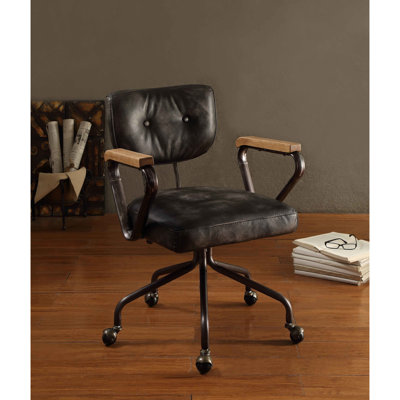 Chaise de bureau en cuir noir à dossier moyen avec rembourrage à boutons et accoudoirs Siège pivotant confortable avec fonction d'inclinaison et base en métal fixe en bois pour le relief - style professionnel