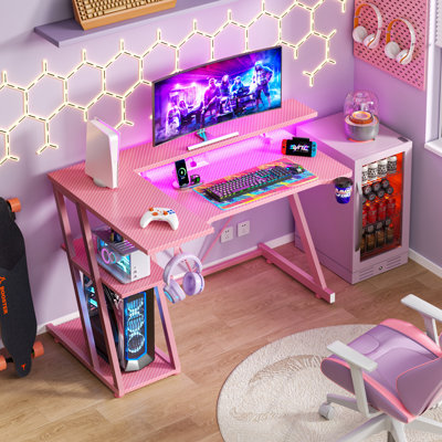39"W Gaming Desk With Monitor Stand & Cpu Stand,Computer Desk With Power Outlet & RGB LED Lights,Home Office Desk With Cup Holder & Headphone Hook