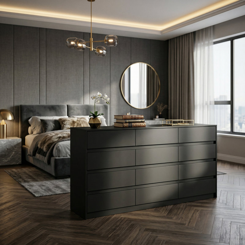 Commode double à 12 tiroirs de 63 pouces de large, sans poignées, Noir