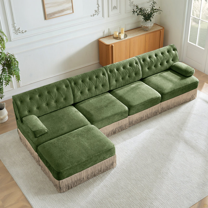 Canapé Chesterfield 135 po en forme de L, H 34,2 po x l 135,6 po x P 60,3 po, Vert