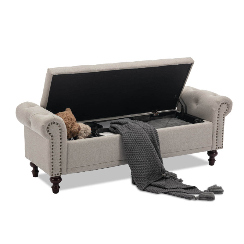 Banc de rangement rembourré avec compartiments de rangement segmentés, Lin brun clair, H 20,8 po x l 58,1 po x P 18,7 po