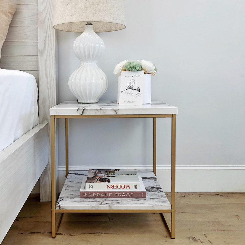 Remzi   End Table, White Marble/Gold