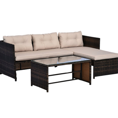 Patio Couch - 3 Piece With Chaise & , Fluffy Padding, Tempered Glass Tabletop, , Beige Outdoor Lounge Backrests, Table, All-Weather Use,