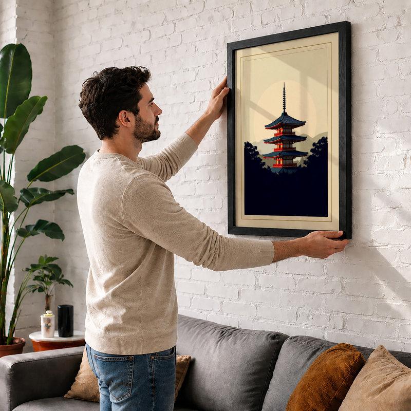 Pagoda Under Moon Japandi - Framed Print, A1 - 84.1 x 59.4 cm, Black