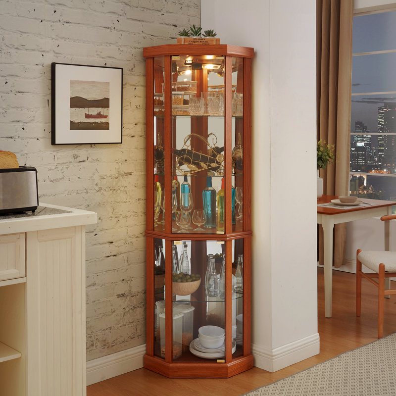 Vitrine de coin lumineuse en chêne foncé, Chêne foncé