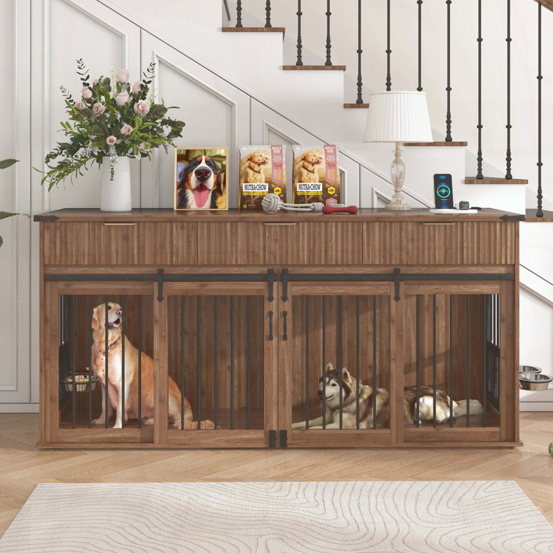 Meuble double cage pour chien avec 3 tiroirs cannelés, Marron foncé