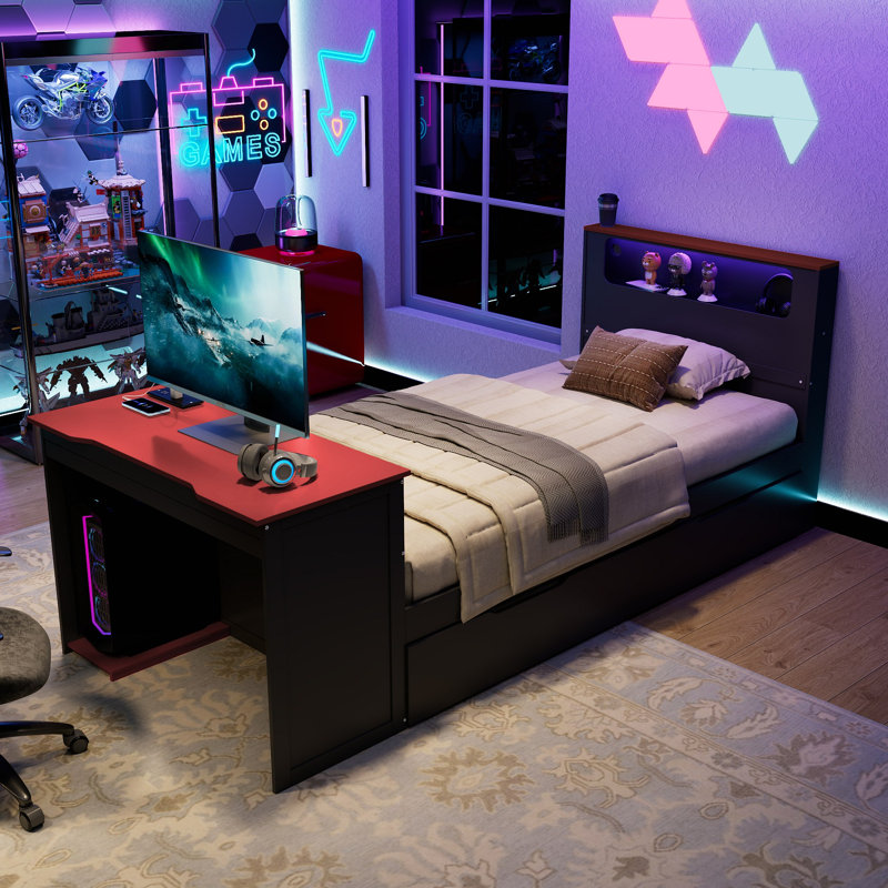 Wood Daybed With Trundle,Desk,LED Light And USB, Lit simple, Noir / Rouge