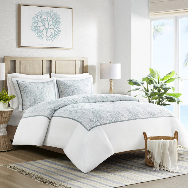 Housse de couette 100% coton pour lit double / grand lit - broderie bleu foncé et dollar sable sur fond blanc, fermeture à boutons, 4 attaches, 2 taies décoratives, coton blanc à contexture de 200 fils, broderie, boutonné