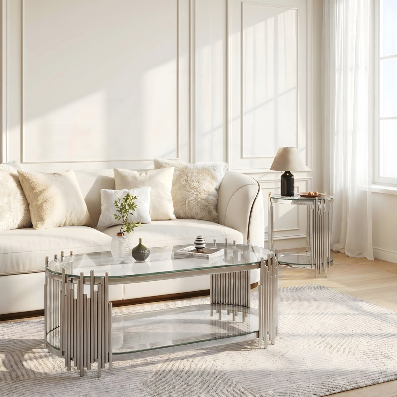Modern Luxury Nesting Coffee and Side Table Set with Vertical Metal Rods, Transparent / argent