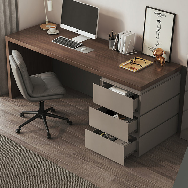 Nut-brown + Khaki Rectangular Manufactured Wood with 3 drawers desk, 29.53" H x 70.87" W x 23.62" D