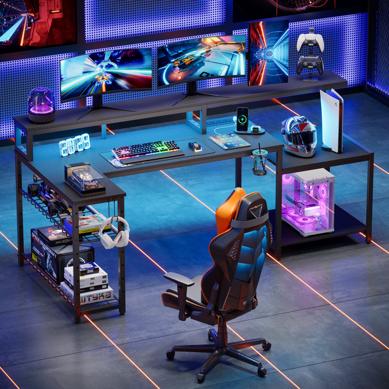 Minaya 71.5" W LED Gaming Desk with Power Outlet, L-Shaped Computer Desk with Monitor Stand, Black