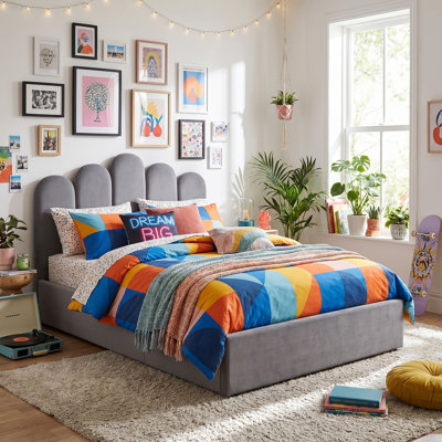 Velvet Palm-shaped Headboard Queen Bed Frame with Lift Up Storage, No Box Spring Needed, Gray