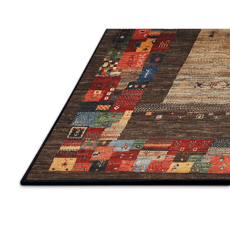 Tapis rouge/vert/brun zone contemporaine, Rectangle 7 pi x 10 pi