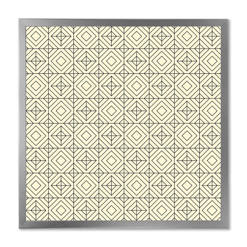Croix géométrique et carrés beiges - Impression sur toile, H 36 po x l 36 po, Cadre photo argenté