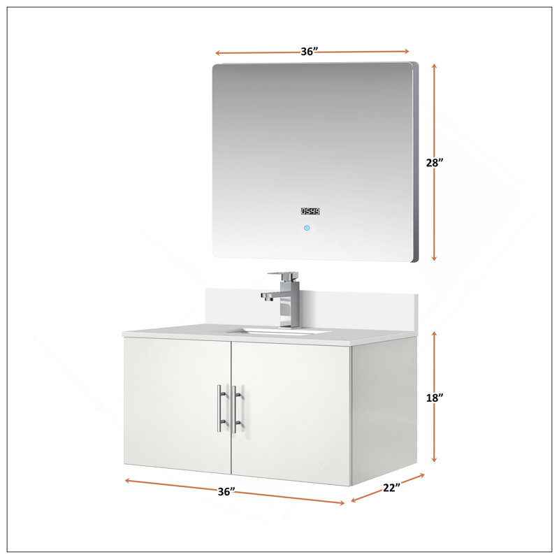 Meuble-lavabo polyvalent 36 po X P 22 po , Comptoir en quartz blanc, ensemble de robinets et Miroir à DEL, Blanc lustré
