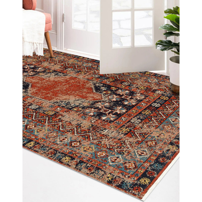 Tapis oriental rectangulaire en chenille multicolore rouge / noir, Rectangle 3 pi 11 po x 5 pi 11 po