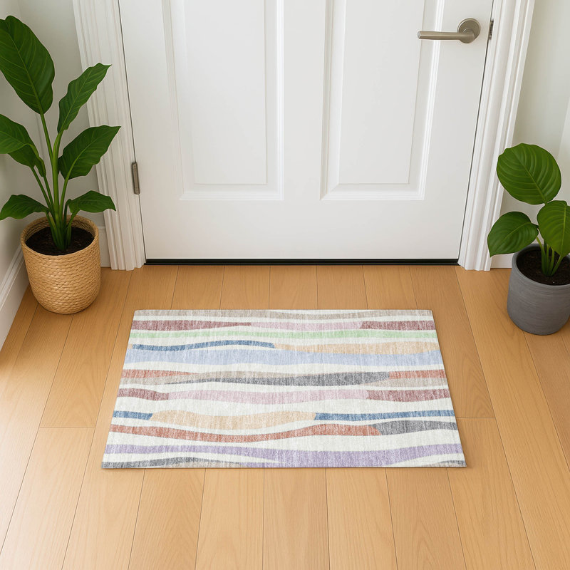 Premium Machine Washable Mayfield AMF2188 Striped Rug, 1'8" x 2'6", Pearl
