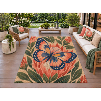 Tapis d'extérieur 5' x 7' Papillon Protea, épais, solide, imperméable, en PVC bouclé, tapis de patio robuste, tapis intérieur/extérieur à séchage rapide pour porche, terrasse, balcon, entrée, camping-car.