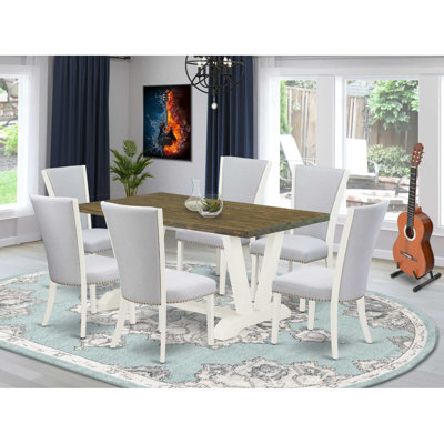 7-Pc Dining Room Set Includes a Distressed Jacobean Wooden Table and 6 Grey Linen Fabric Upholstered Chairs with High Back - Wire Brushed Linen White