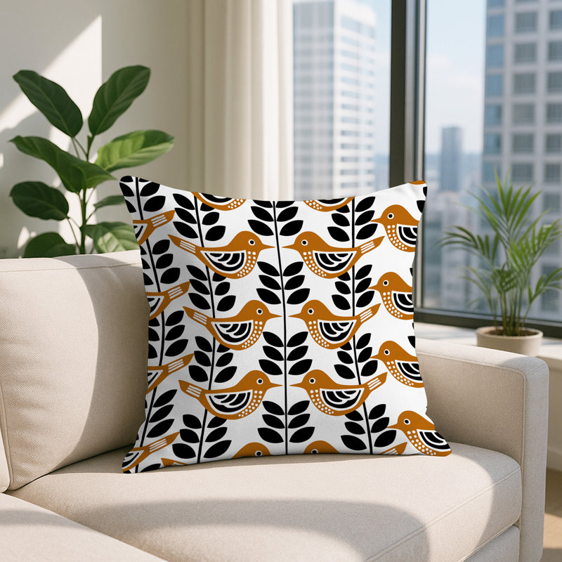 Oreiller carré réversible intérieur / extérieur Kandice Bird, Orange, Carré 17 po