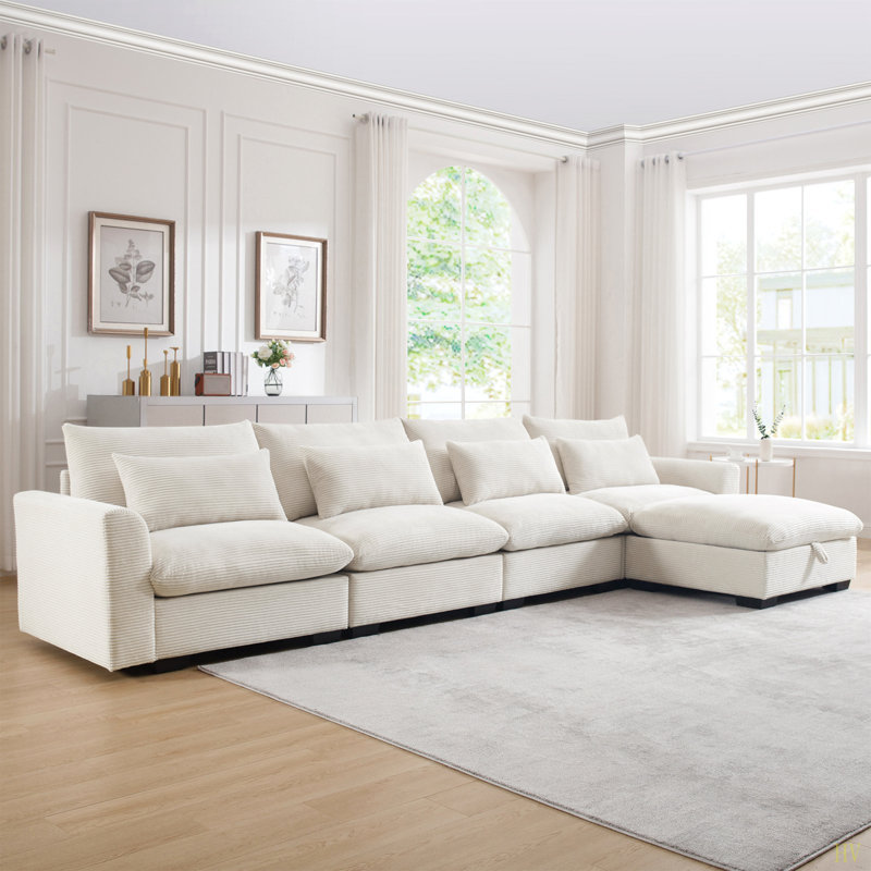 Canapé modulaire en L en velours côtelé avec repose-pieds avec rangement et 4 coussins de taille