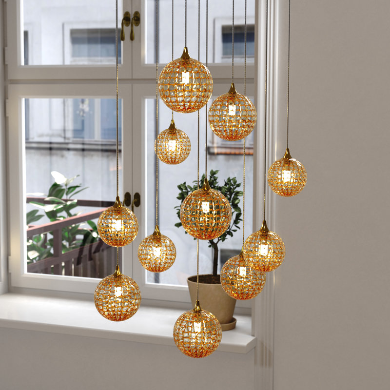 Breeze 11 Amber Glass Pendants Chandelier, 120", Satin Nickel