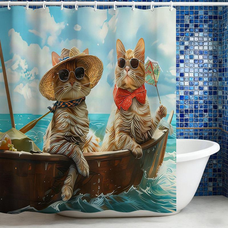 Rideau de douche 3D en polyester 3D avec motif de deux chats, 72 po x 72 po, rideau de douche de taille standard avec 12 crochets décoratifs