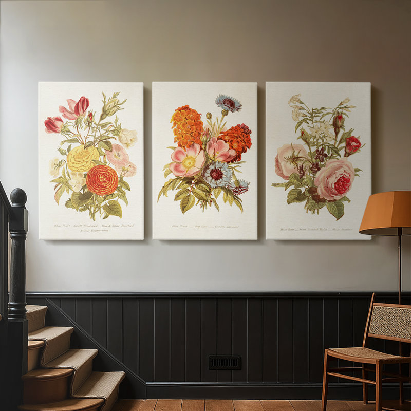 Antique Floral Bouquet I - Toile tendue avec châssis sur mesure - 3 pièces, H 36 po x l 72 po