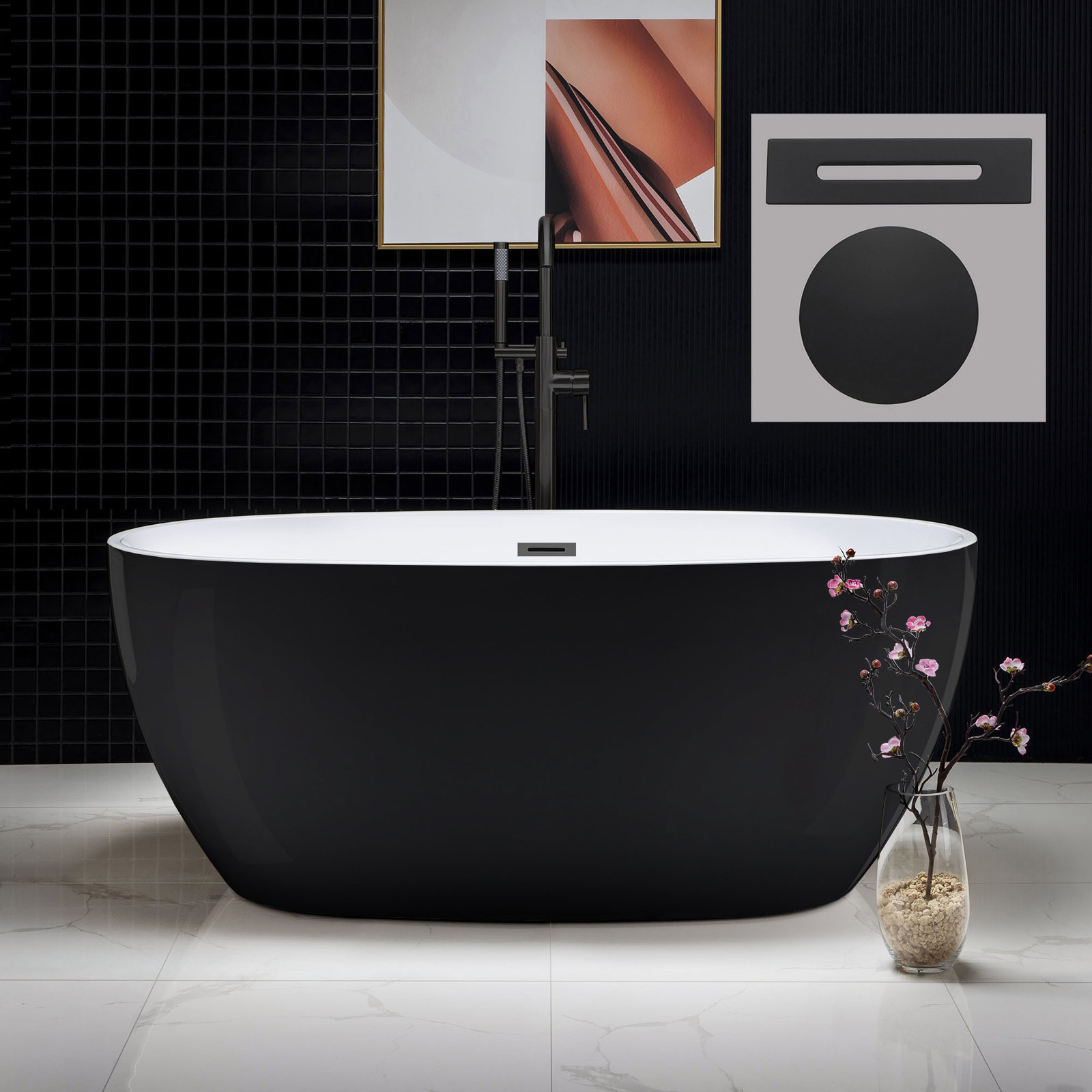 59" x 32" Freestanding Soaking Bathtub, Black, Matte Black
