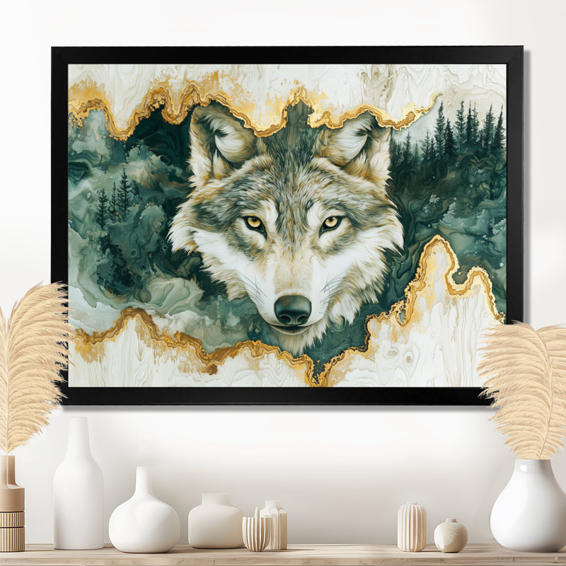 Loup en hiver, forêt, rivière à encre II - animaux, art mural, Reproduction encadrée d'une seule photo, H 30 po x l 40 po