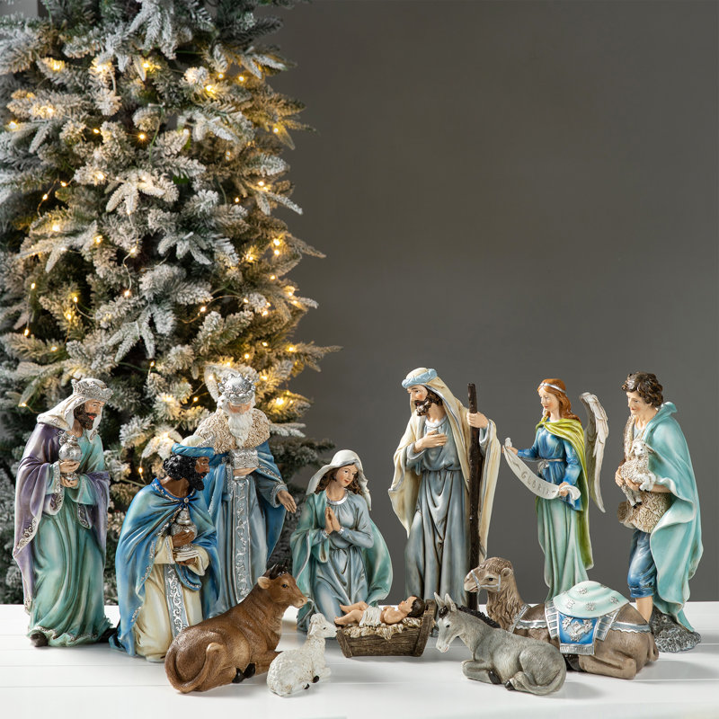 Ensemble de 12 figurines de crèche de Noël surdimensionnées en résine bleue de luxe
