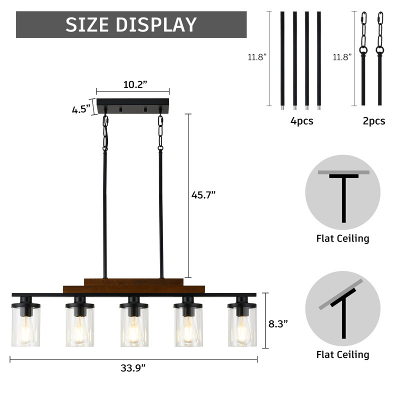 5-Light Wood Kitchen Island Light Fixture, Modern Farmhouse Chandeliers with 2 Layers of Wood