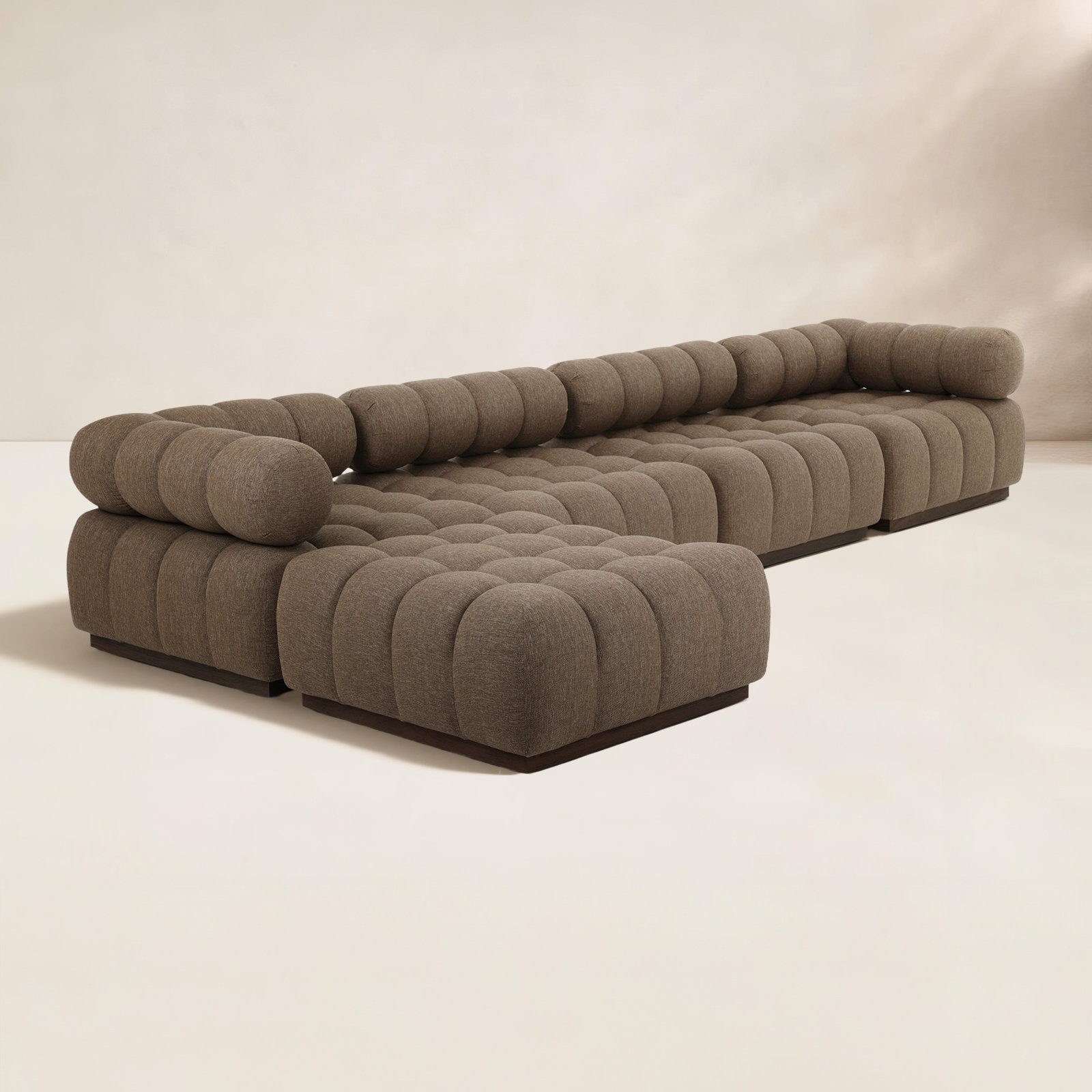Martinique 146" Teak Patio Sectional, Hayes Cream Cushion/Stained Saddle Frame