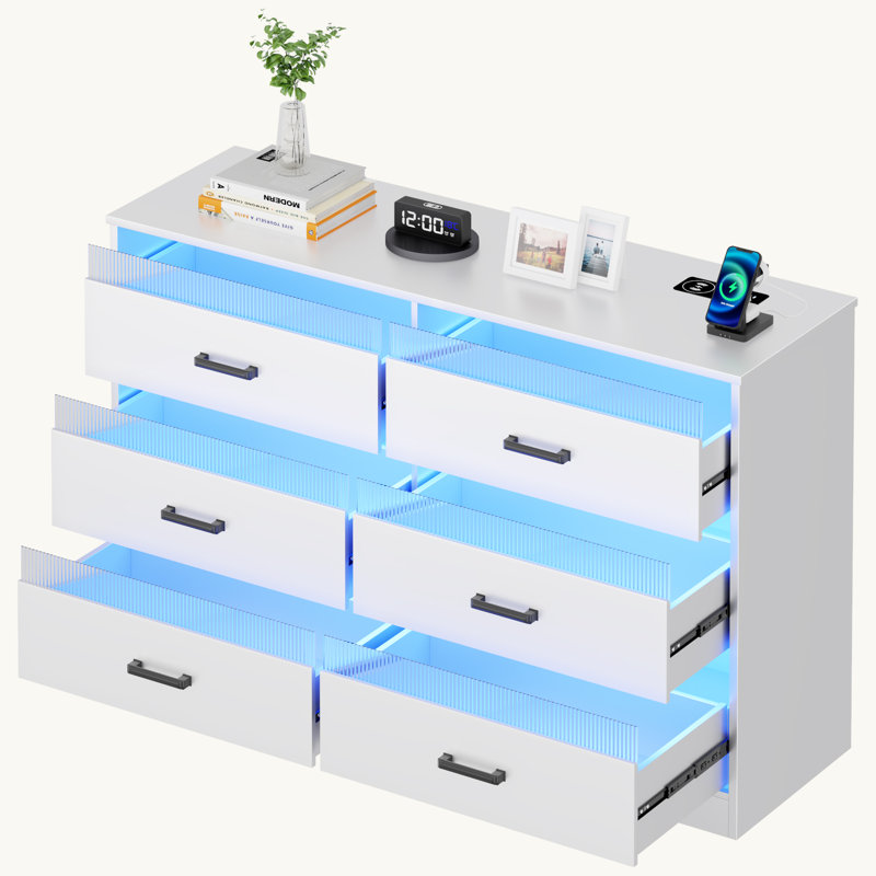 6-Drawers Dresser With LED Light and USB Port, White